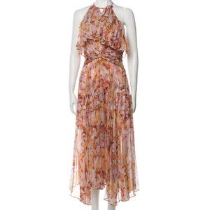 Acler Floral Print pleated chiffon ruffled midi high low Long Dress new sz 4 M
